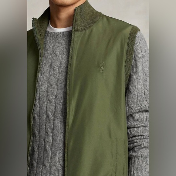 Polo Ralph Lauren Men's Olive Woven Knit Fully Lined Zipper Front Hybrid Vest - Picture 5 of 13